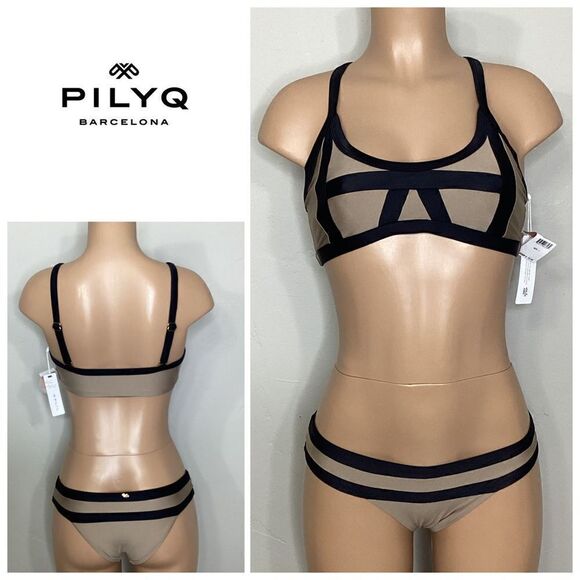 New. Pilyq tan and black color block bikini set. L-top/S-bottom